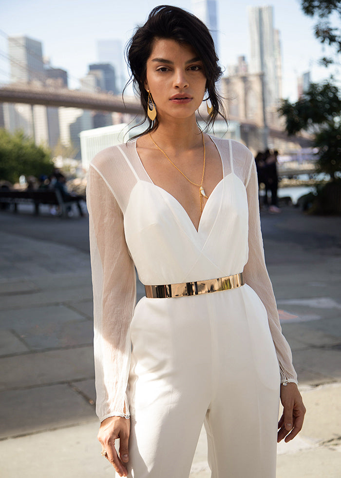 CÉLINE Jumpsuit, Ivory Long Sleeve Crepe and Silk Chiffon Jumpsuit