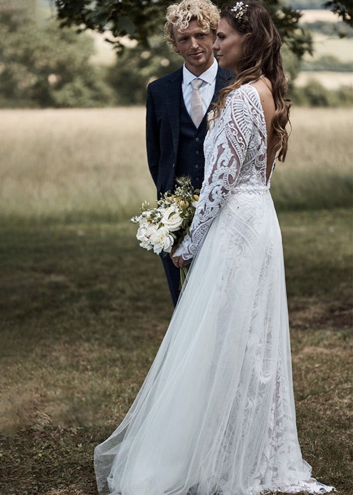 New Illusion Ivory Lace Wedding Dress Bridal Gown 2-28w Long sleeve Summer  Beach | eBay
