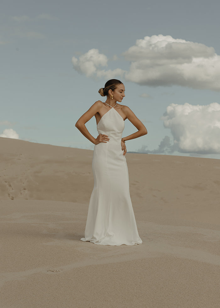 MODEL WEARS Clean Stretch Crepe Fit and Flare Wedding Dress