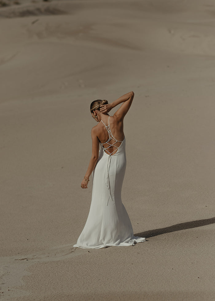 MODEL WEARS Clean Stretch Crepe Fit and Flare Wedding Dress