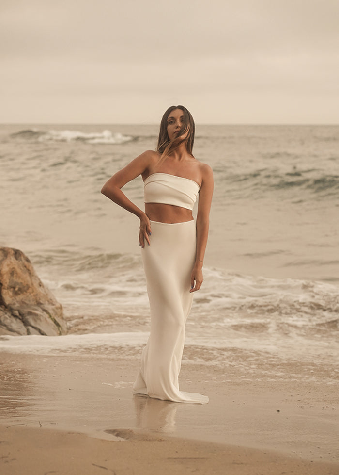 Bride wears Ivory bridal separates  to complete her bridal outfit look for summer wedding