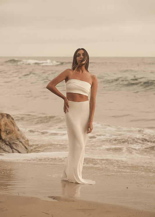 Bride wears Ivory bridal separates  to complete her bridal outfit look for summer wedding