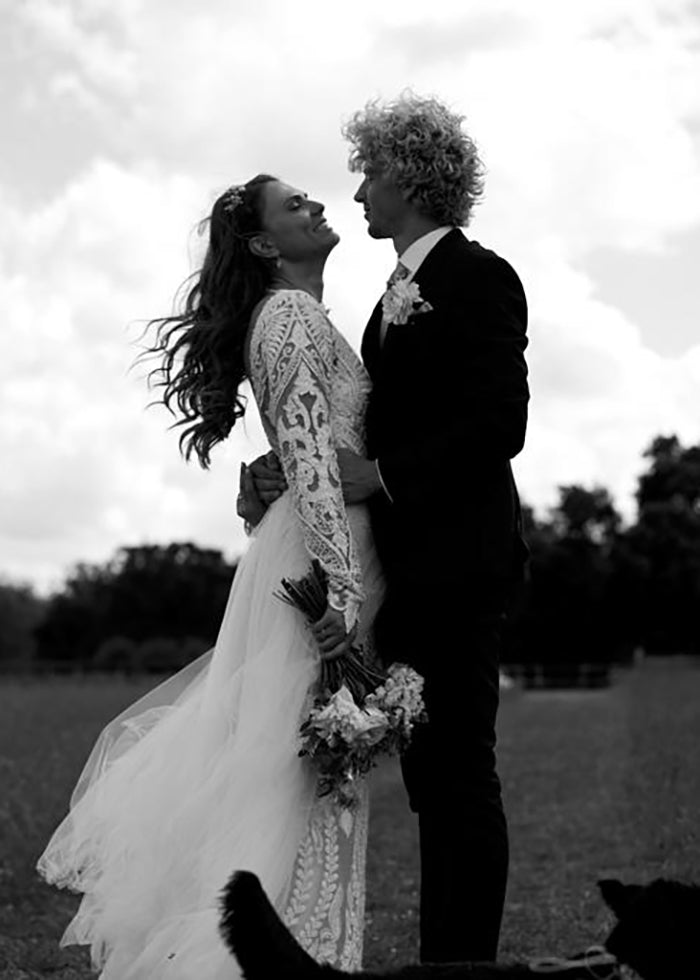 Bride wears hippy style wedding dress with a line, maxi skirt detachable wedding skirt for her bohemian summer wedding 