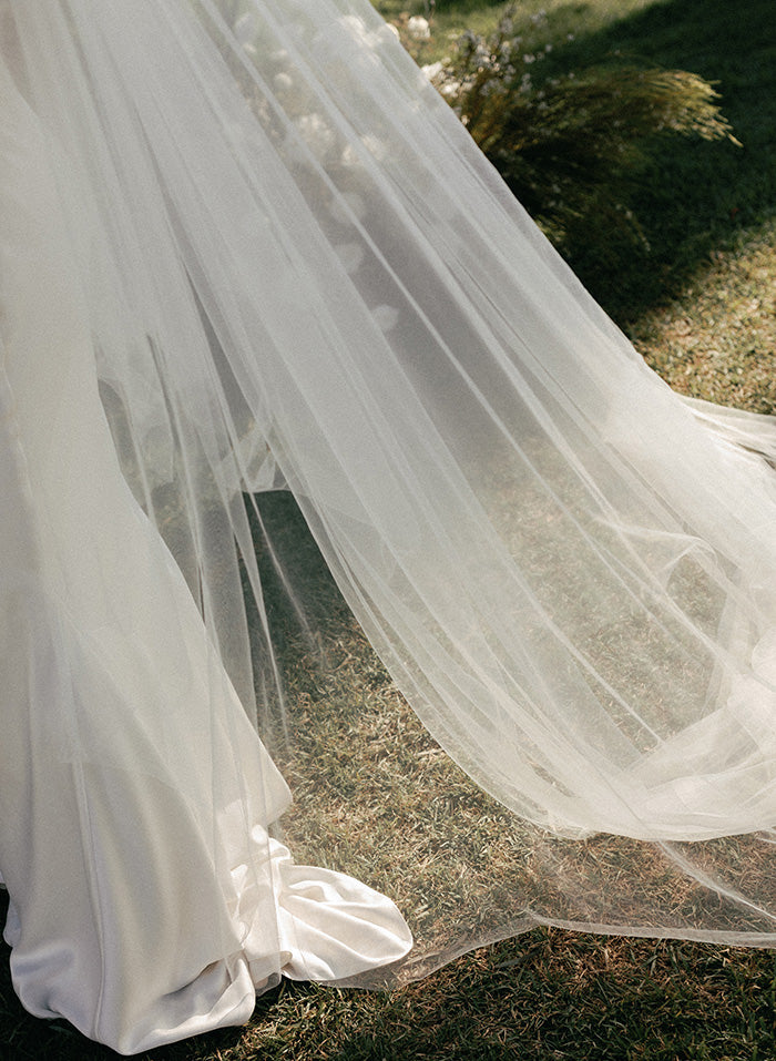 Bride wears Unique, luxury, one of a kind wedding cathedral veil